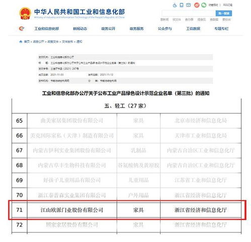 江山歐派入選國家級工業產品綠色設計示范企業